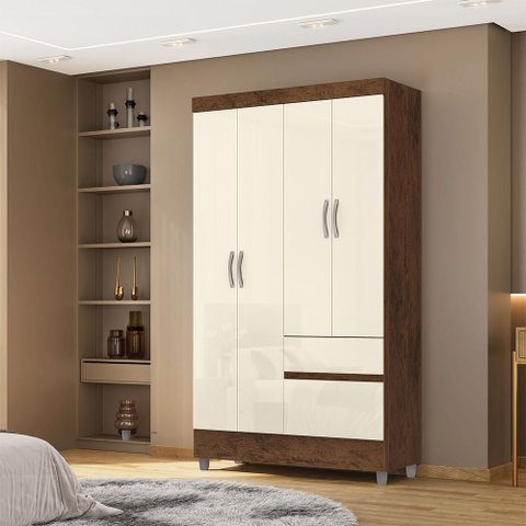 Guarda Roupa Solteiro Abruzzo 4 Portas de Bater 2 Gavetas com Cabideiro Nogueira/offwhite G98 - Gran