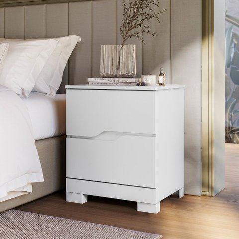 Mesa de Cabeceira Mini Cômoda Ares 2 Gavetas Puxadores Usinados com Pés Moval Branco Moval