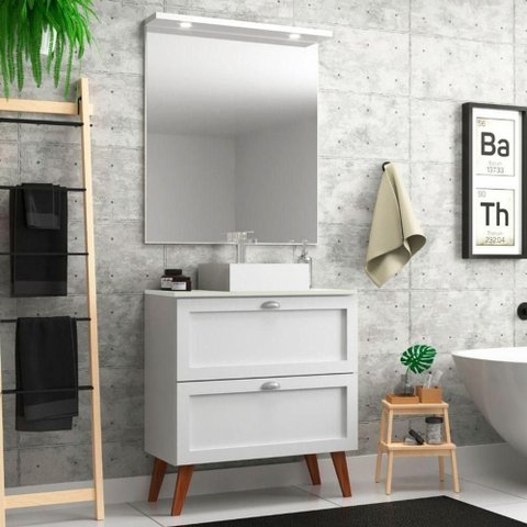 Gabinete para Banheiro com Tampo Cuba e Espelheira 80cm Retro Mdf Branco Milano - On Móveis