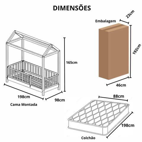 Cama Infantil Solteirão Casinha Colorida Madeira Maciça Pinus Grade Vertical
