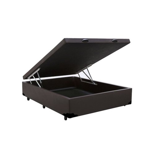 Base Cama Box Com Bau Casal Couro Sintético Marrom 43x138x188