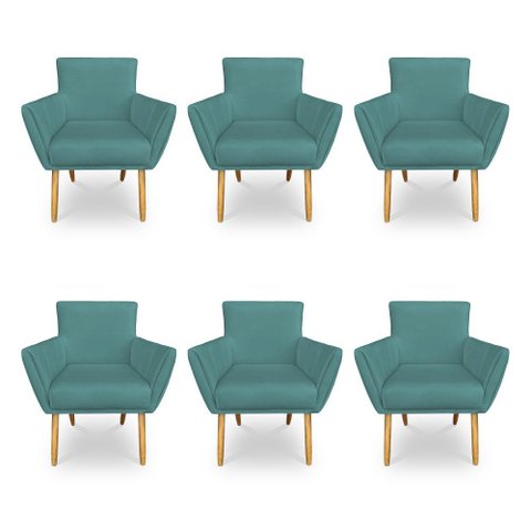 Kit 6 Poltronas Decorativa Leticia Suede Azul Turquesa Pés Palito Castanho - Pallazio