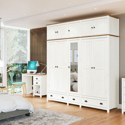 Conjunto Quarto: Guarda-Roupa 10 Portas, Escrivaninha 3 Gavetas Branco/Freijó Topázio Madeira Pinus 