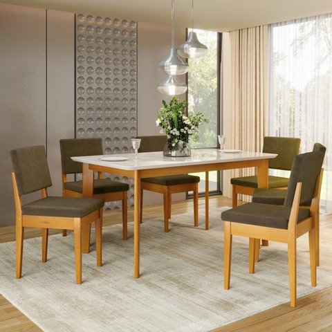 Conjunto Sala de Jantar 6 Cadeiras Tampo de Vidro Siera Natural Cerejeira/Tabaco