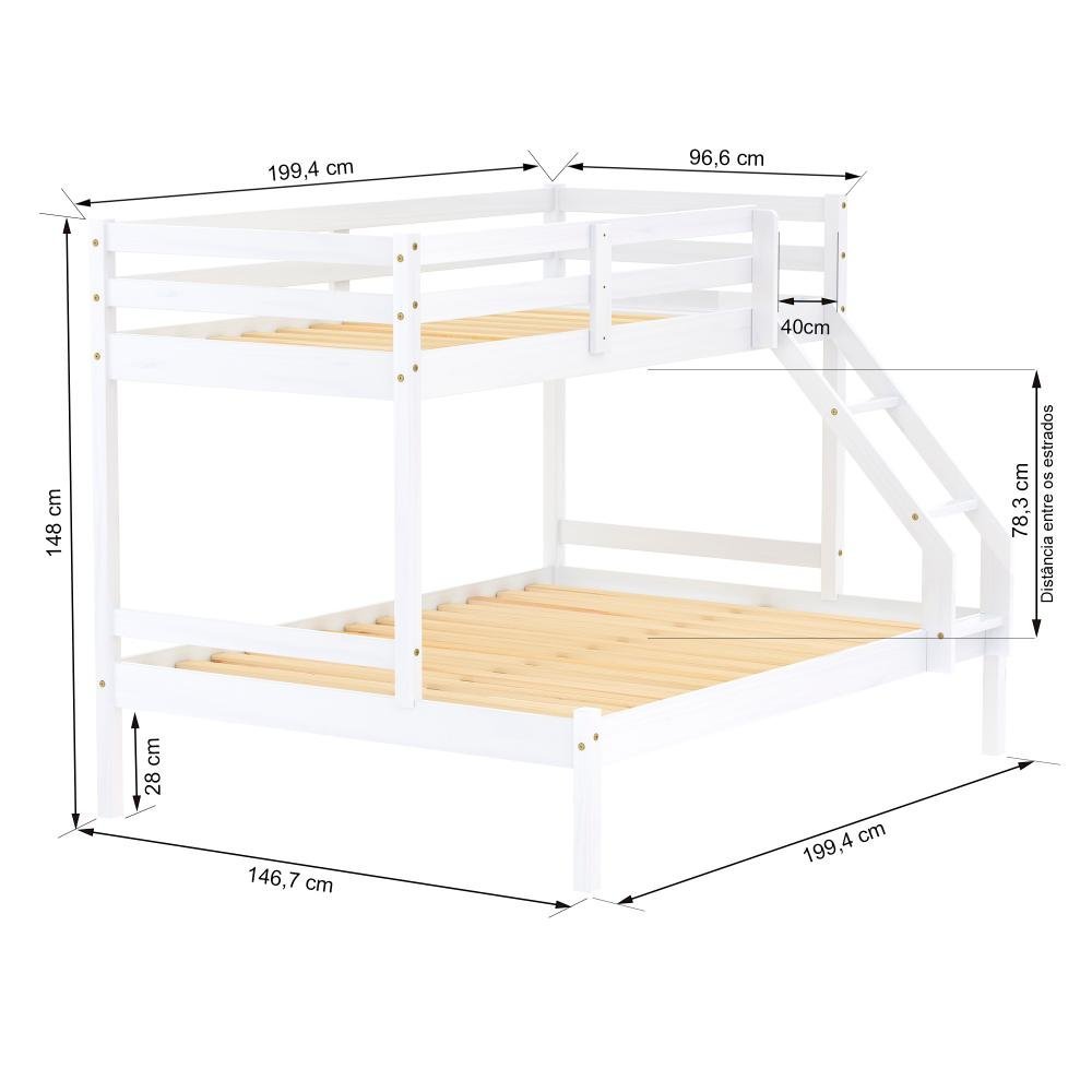 Beliche com Cama Casal Eco Madeira Maciça Branco Mobilistore - 3