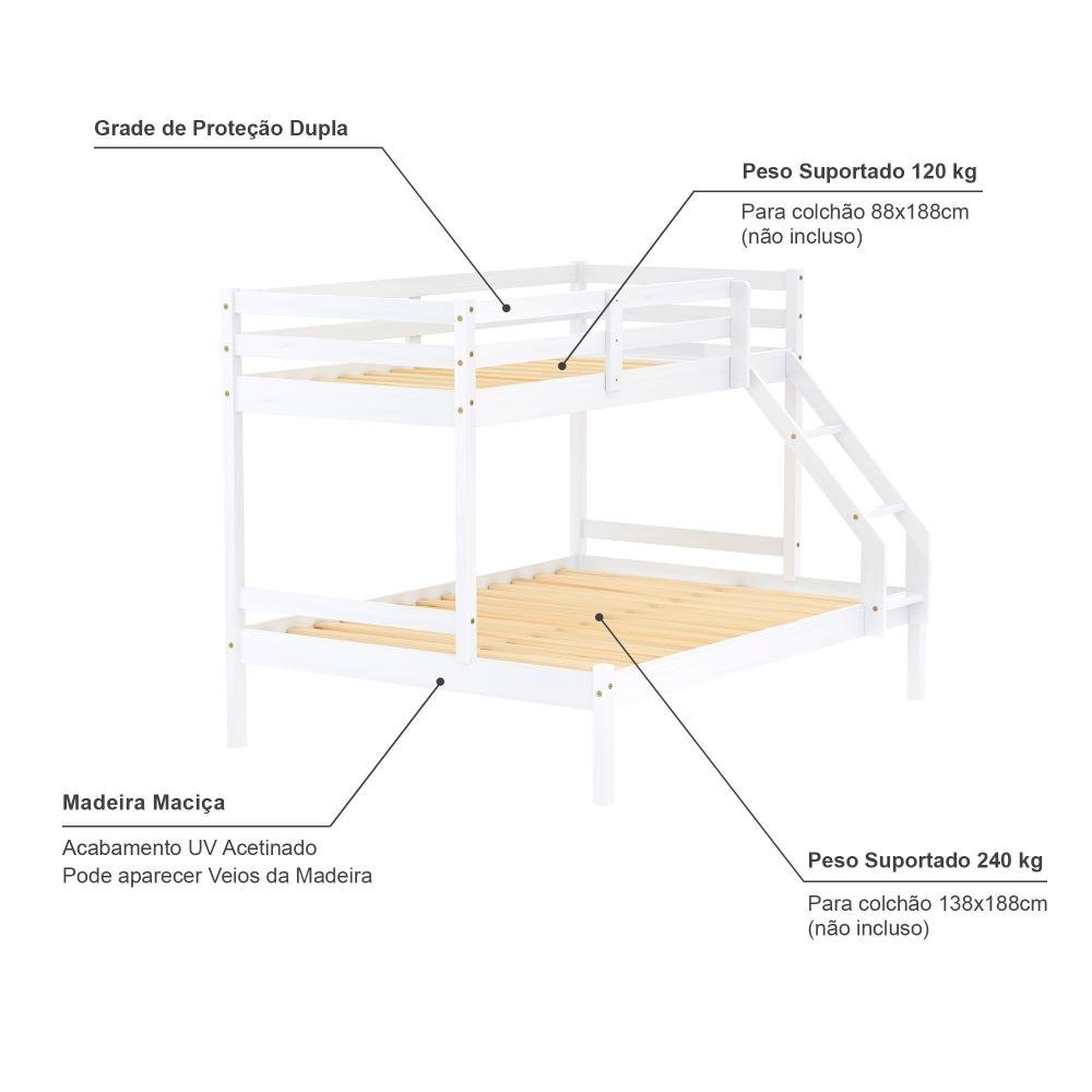 Beliche com Cama Casal Eco Madeira Maciça Branco Mobilistore - 4