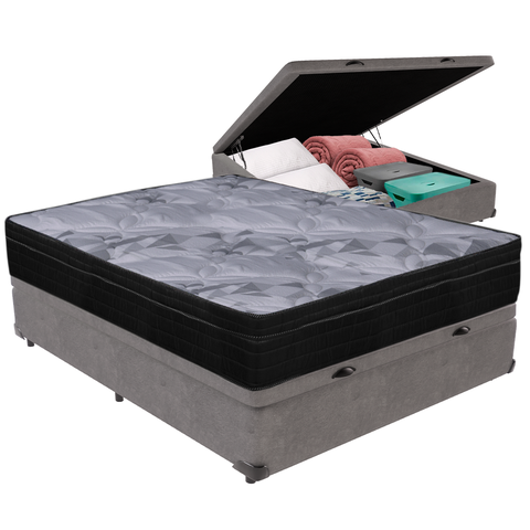 Cama Box Baú e Colchão Airtech Pampa Molas Ensacadas Casal Ortobom: Cinza