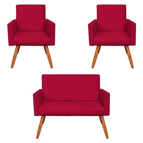 Kit 2 Poltronas e Namoradeira Nina Suede Vermelho
