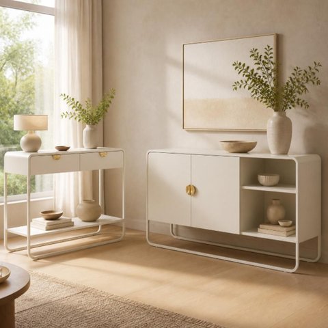 Kit Balcão Buffet 2 Portas e Aparador 2 Gavetas para Sala de Jantar Industrial Alek A03 Off White