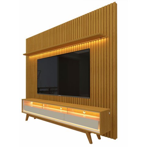 Rack Retrô com Painel 2.3 Ripado com LED Nobre Naturale com Off White - Gelius Móveis