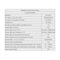 Bomba Pressurizadora e Circuladora Água Quente Gp-250pb Latão 220v Inova - 4