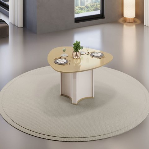 Mesa para Sala de Jantar 136cm Tampo Orgânico Curvo com Vidro Chanel Branco/Off White/Dourado