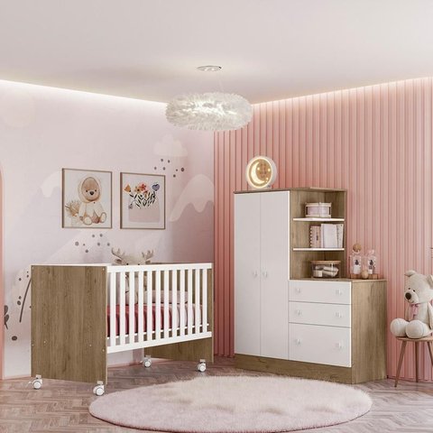 Quarto Infantil Lua Encantada Guarda Roupa, Cômoda e Berço Reto Branco/carvalho