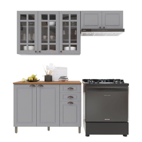 Cozinha Compacta Bariloche 8 Portas 2 Gavetas com Vidro e Tampo 100% MDF 6225 Titânio Fosco - Indéke