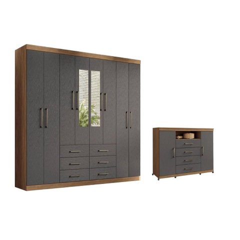 Quarto Completo Casal Guarda Roupa 8PT Liverpool + Cômoda Marabá Grafite S. Andirá
