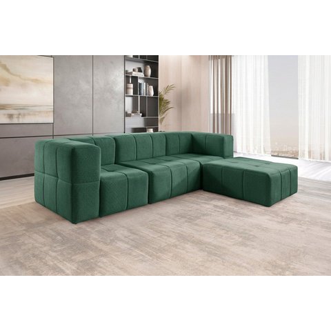 Sofá Modular com Puff 3 Lugares Linho Verde na Caixa 258cm