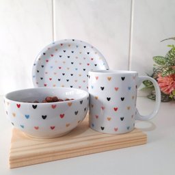 Kit Café da Manhã Porcelana Corações Coloridos - 3 Peças - 3