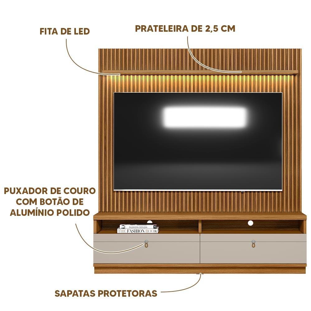 Estante Home para TV 75 Polegadas Com LED Nature Off White Ouro Preto Shop Jm - 2