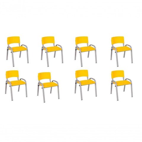 Kit 8 Cadeira Iso Infantil Creche, Base Cinza Amarelo