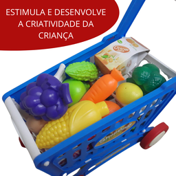 Carrinho de Compras Infantil Com Acessórios Brinquedo Supermercado Azul - 5