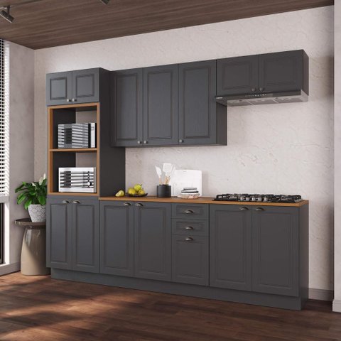 Armário de Cozinha Modulada Completa Fidelitá Nara 100% MDF 5 Peças 270cm 14 Portas 2 Gavetas com