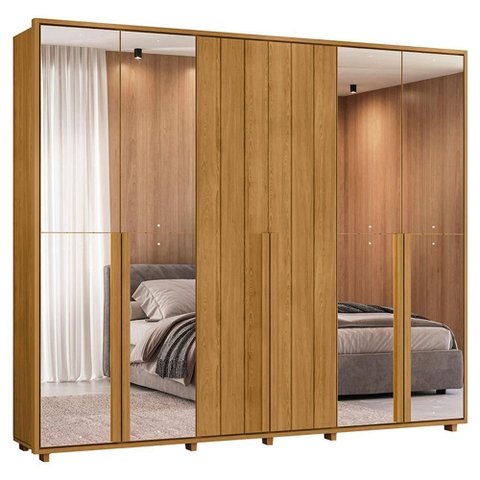 Guarda-Roupa Casal 6 Portas 6 Gavetas com 4 Espelhos Volpi 278cm MDF Cumaru Quarto