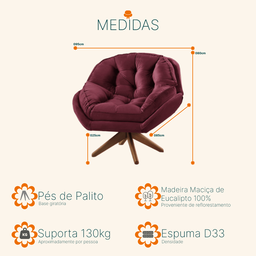 Poltrona Decorativa Pillow Top com Base Giratória Veludo Califórnia Vinho - Sofá Casa - 4