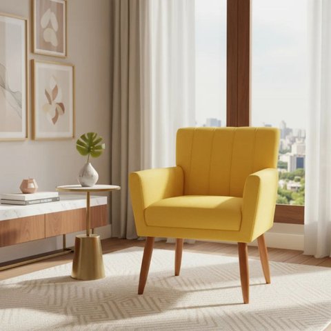 Poltrona Decorativa Elegante Cecília Recepção Escritório Sala de Estar Suede Amarelo