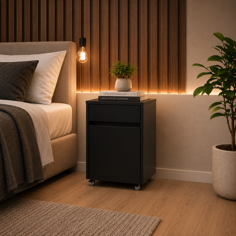 Mesa de Cabeceira Mini Armário com Gaveta e Porta para Quarto Sala MDF Preto