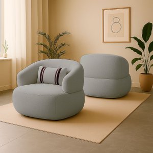Poltrona Orgânica Chloe Boucle Cinza Redonda Decorativa com Almofada Plumante - Arkell