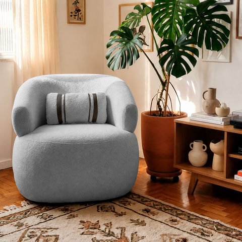 Poltrona Orgânica Chloe Boucle Cinza Redonda Decorativa com Almofada Plumante - Arkell