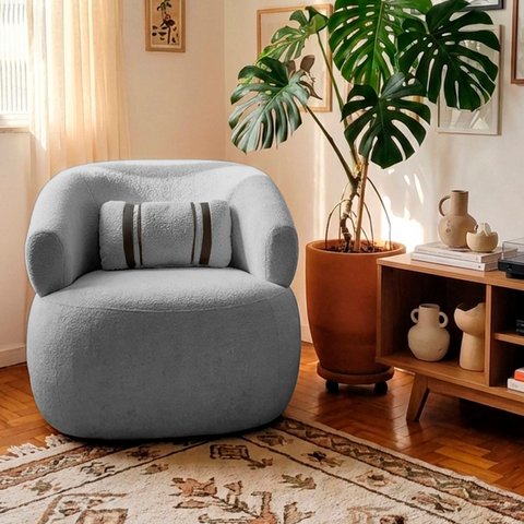 Poltrona Orgânica Chloe Boucle Cinza Redonda Decorativa com Almofada Plumante - Arkell