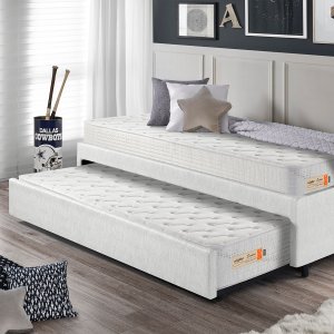 Bicama Box Solteiro Courino Linho Branco 88x188 com Dois Colchões Espuma Ecoline D33 Ecoflex