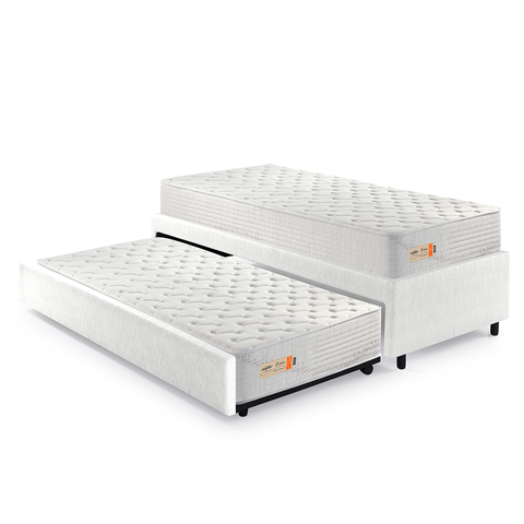 Bicama Box Solteiro Courino Linho Branco 88x188 com Dois Colchões Espuma Ecoline D33 Ecoflex