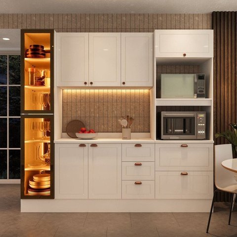 Cozinha Pérola com Rodapé Cristaleira com LED e Tampo 4 Peças 230 cm Yescasa Branco