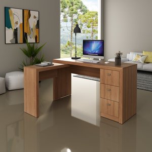 Mesa para Escritório com Mesa de Apoio e 3 Gavetas Amêndoa