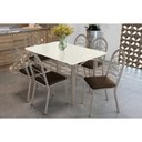 Ver imagem 1 de Conjunto: Mesa de Cozinha Elba Tampo Madeirado C/ Vidro 120cm e 6 Cadeiras Holanda Niquel/off White