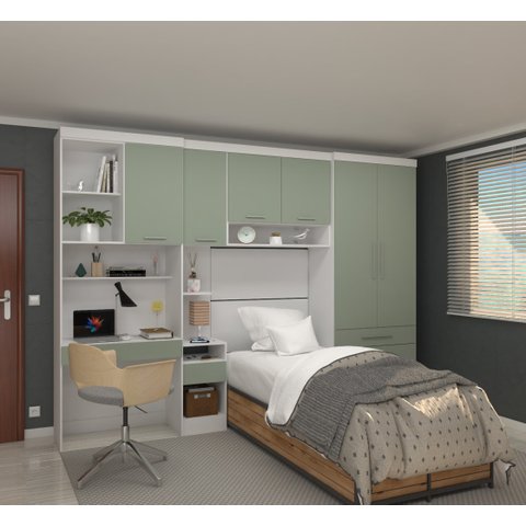 Guarda Roupa Modulado de Solteiro Alpes Branco Verde 5 Peças - Luciane