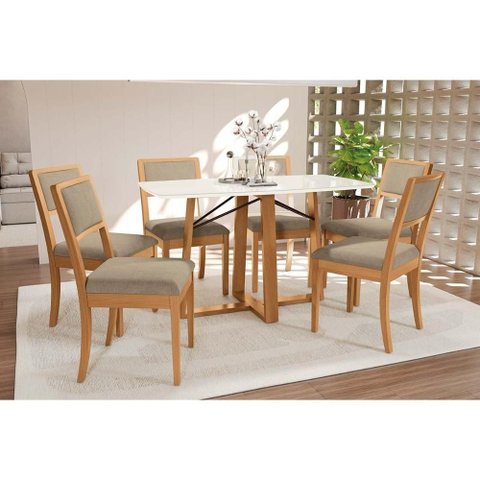 Mesa Cozinha Elma Premium Madeira Maciça C/ Tampo Madeirado C/ Vidro 170x90cm e 6 Cadeiras Alice