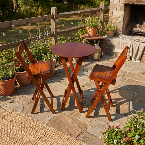Conjunto Mesa Bistrô Dobrável com 2 Banquetas de Madeira Maciça Mel Marrom