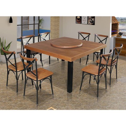 Mesa Jantar Industrial Sophia 1,30M Prato Giratório 8 Cadeiras Paris Pés Alumínio Castanho -