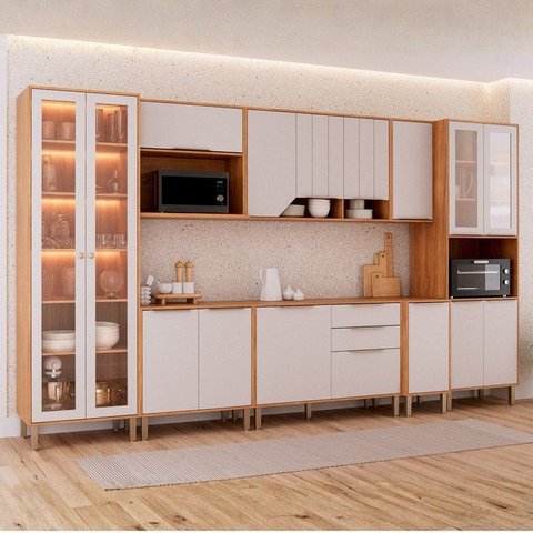 Cozinha Modulada 8 Peças 1 Cristaleira 3 Balcões 3 Armários Aéreo 1 Torre Celeste Cinamomo/Offwhite