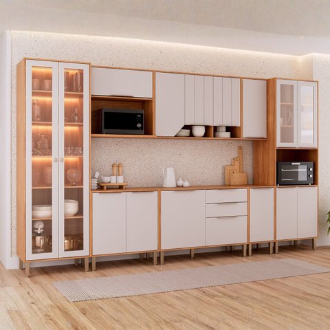 Cozinha Modulada 8 Peças com 1 Cristaleira 3 Balcões 3 Armários Aéreo e 1 Torre Celeste Cinamomo/Offwhite
