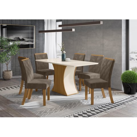 Mesa de Jantar Luiza 160 C. Vidro 6 Cad. Vita Bege- Henn