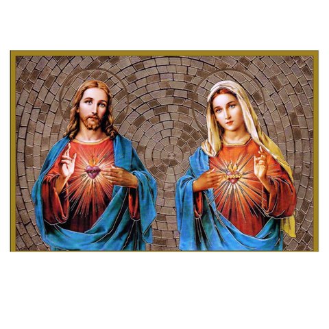 Quadro Sagrado Coração de Jesus e Maria - Auréola Dourada 30x40 Moldura e Vidro