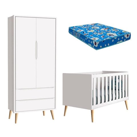 Berço Americano e Guarda Roupa 2 Portas Infantil Theo Branco Acetinado com Pés Madeira Natural e Col