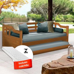 Sofá Cama Madeira Maciça com Auxiliar + 2 Colchões Atraente Imbuia - 1