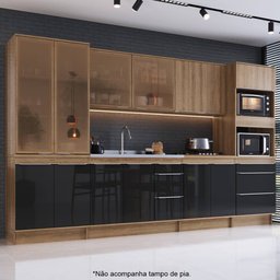 Cozinha Modulada Completa com portas de vidro 06PC 348cm Linha Paola PA0070R Delmarco Delmarco Mel/P - 1