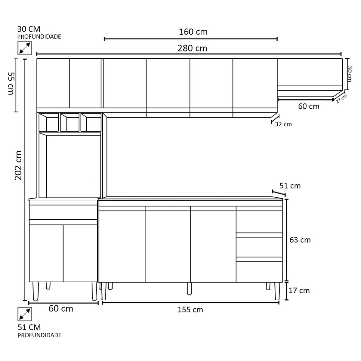 Cozinha Completa Modulada 4 Peças Andréia 280cm Preto Ajl Móveis - 4