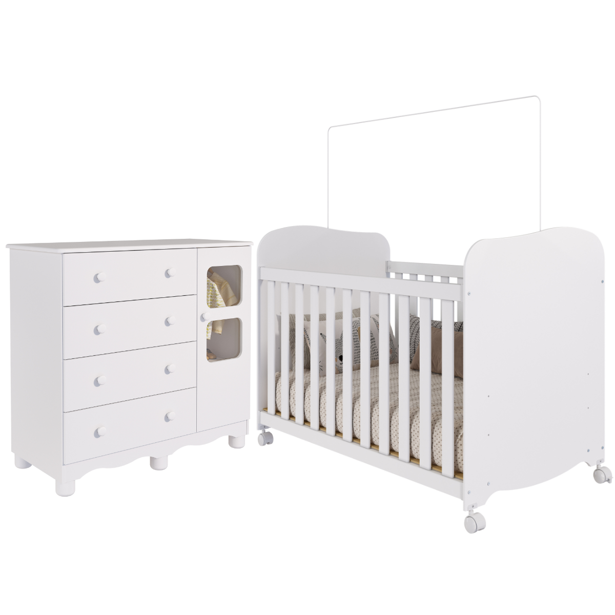 Quarto de Bebê Completo Berço Americano e Cômoda Uli Peroba - Branco Brilho - 2